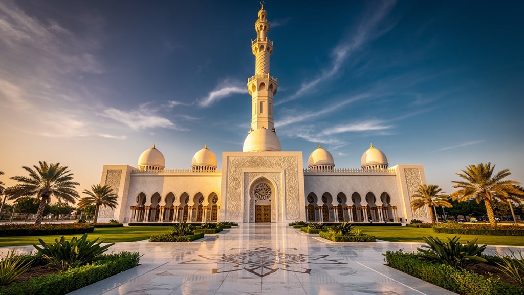 Sultan Qaboos Grand Mosque in Muscat with its white marble domes and minarets