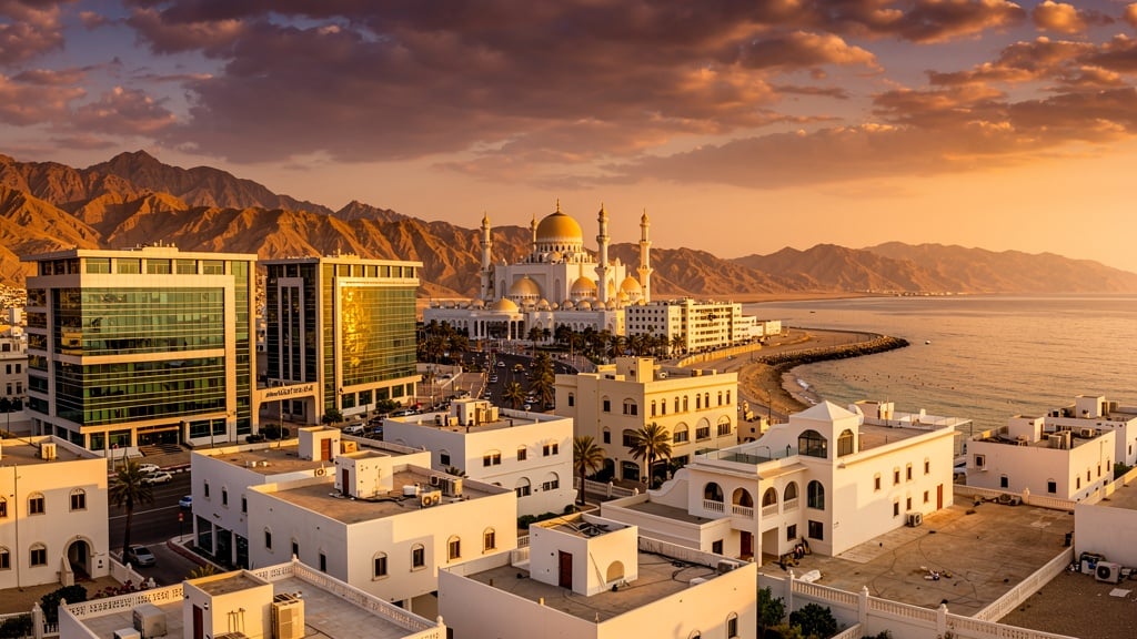 Panoramic view of Muscat, Oman at golden hour with the cityscape and Arabian Sea