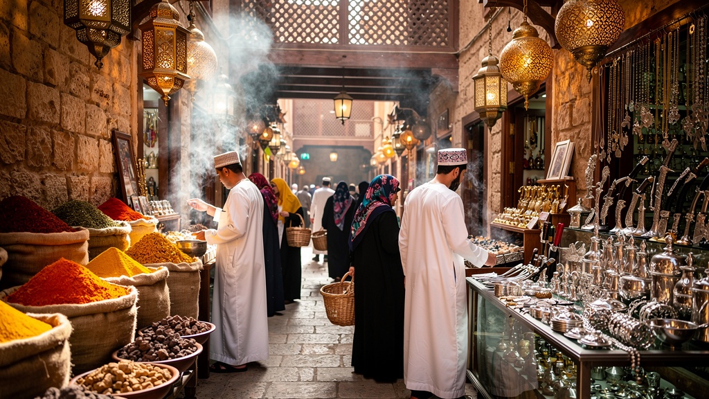 Mutrah Souq in Muscat with colourful spice stalls and lanterns